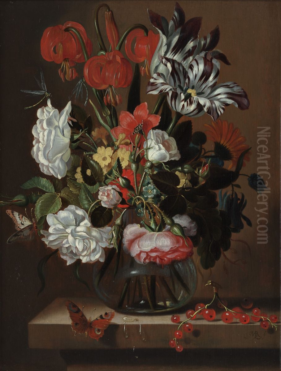 Bloemen in een glazen vaas Oil Painting by Jacob Marrel