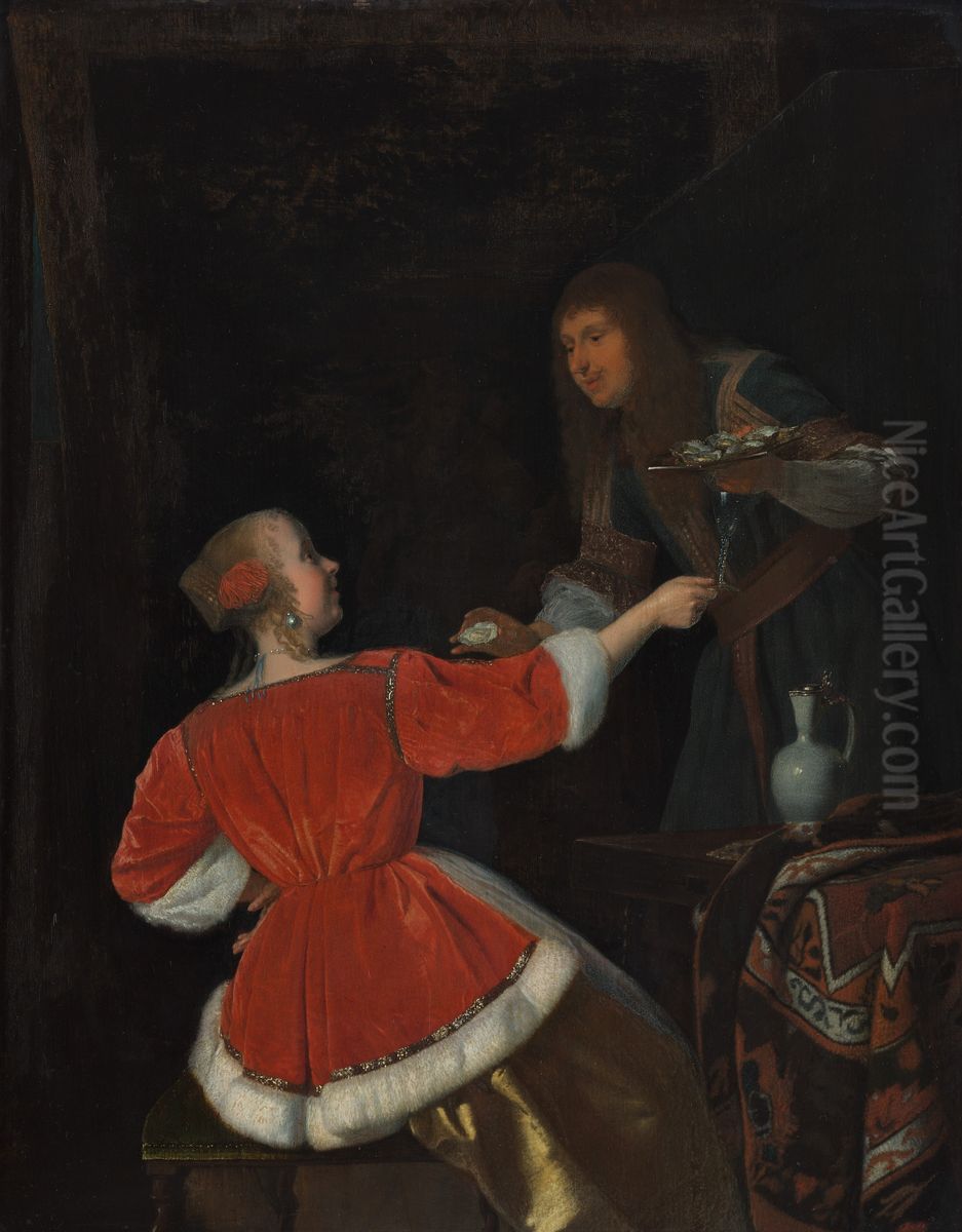 Man offering oysters to a woman Oil Painting by Jacob Ochtervelt