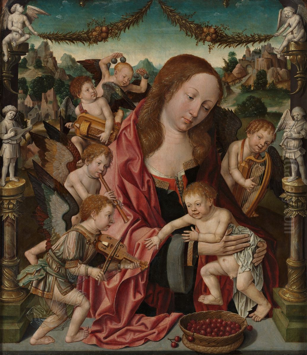 Maria met Kind en musicerende engelen Oil Painting by Jacob Cornelisz Van Oostsanen