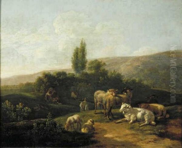 Italian evening landscape with flock and shepherd Oil Painting by Jacob Van Der Does