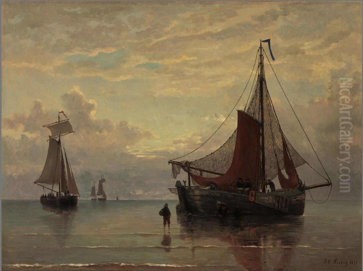 Zonsopgang aan de Hollandsche kust Oil Painting by Hendrik Willem Mesdag