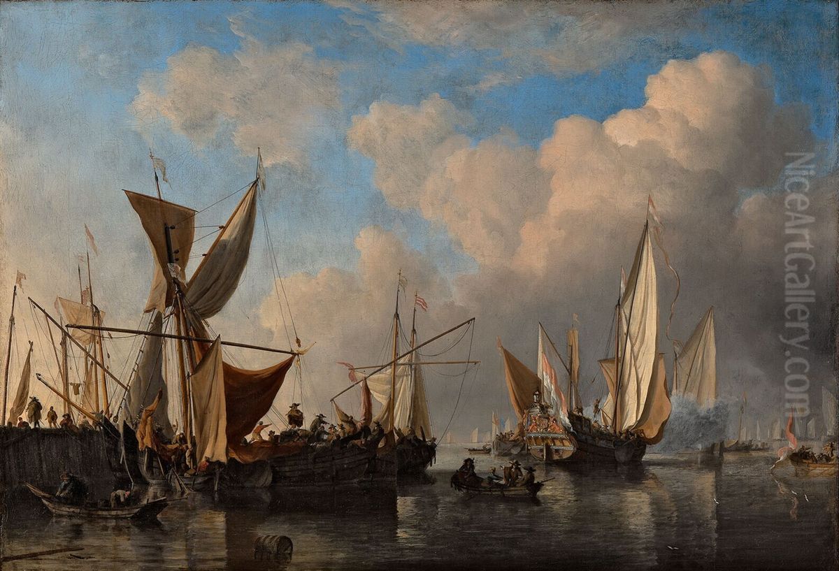 Havenhoofd met schepen en een vertrekkend jacht Oil Painting by Willem van de Velde the Younger