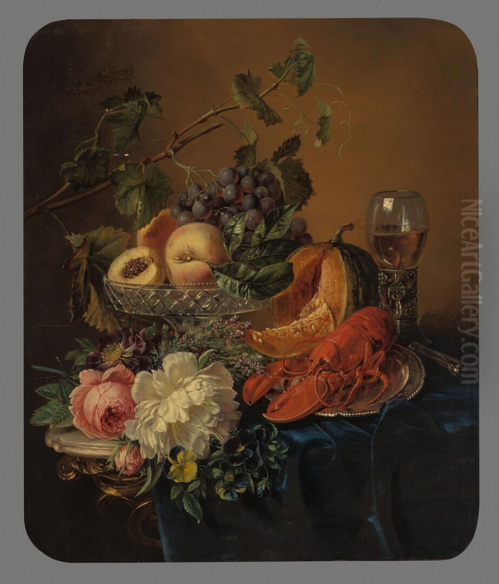 Stilleven met kreeft, bloemen en vruchten Oil Painting by Mariane Antoinette Meijer