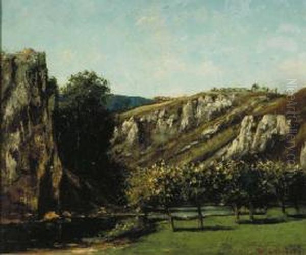 Mountainous landscape with fruit trees in Ornans Oil Painting by Gustave Courbet