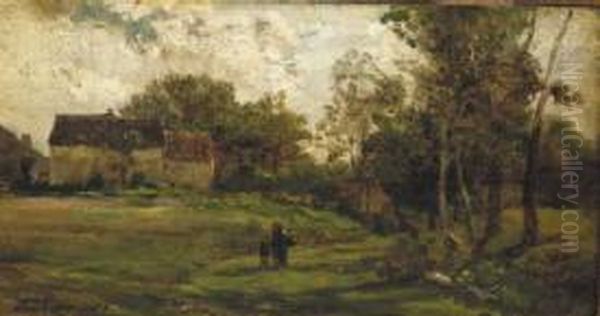 Landschap met boerderijen en bomen. Oil Painting by Charles-Francois Daubigny