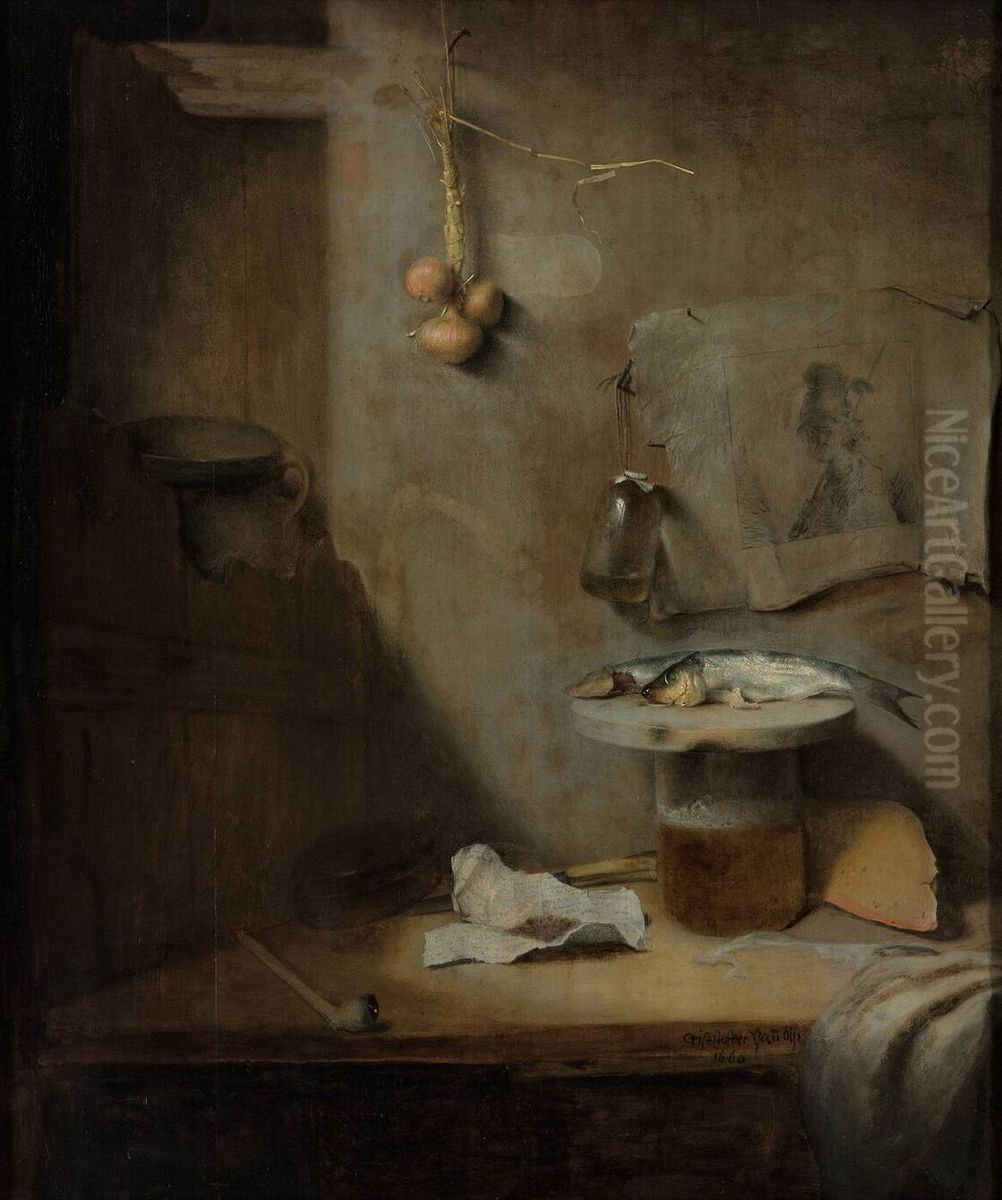 Stillleben mit Fischen und Zwiebeln Oil Painting by Christopher Paudiss