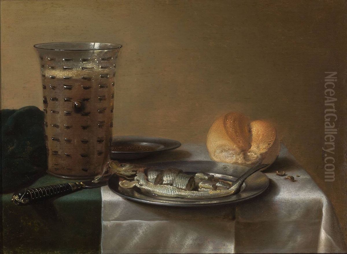Still life with a glass of beer and smoked herring on a plate Oil Painting by Pieter Claesz