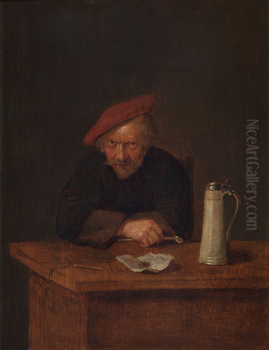 Man achter een tafel met pijp en bierkruik Oil Painting by Quirijn van Brekelenkam