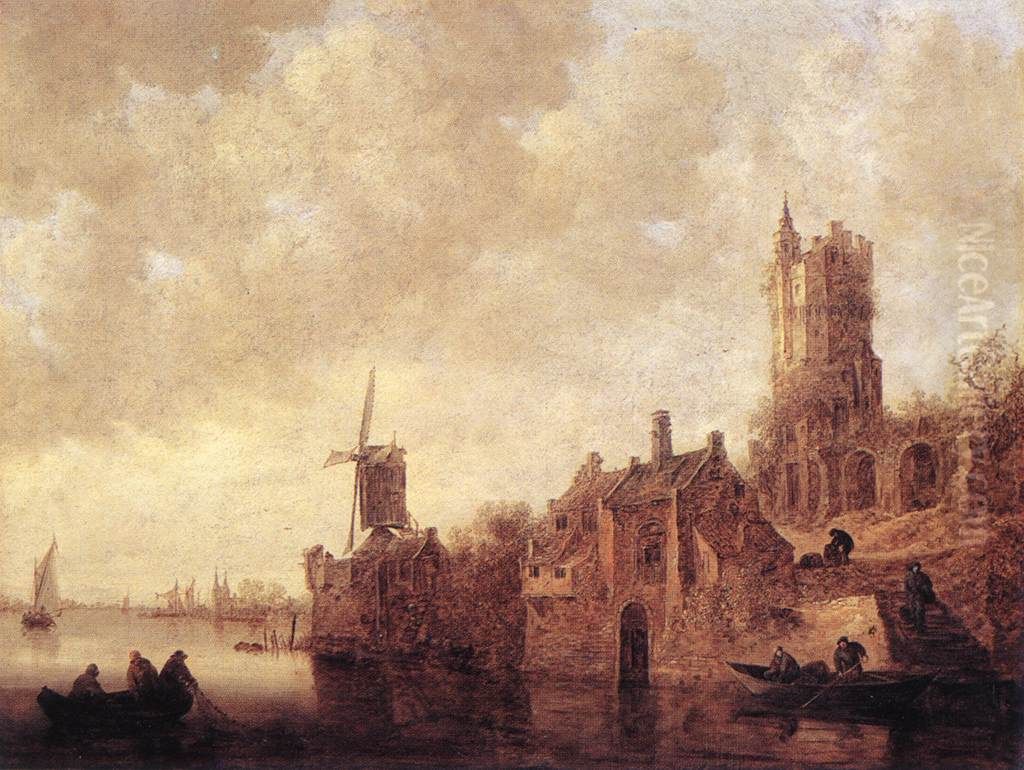 River Landscape with a Windmill and a Ruined Castle. Oil Painting by Jan van Goyen