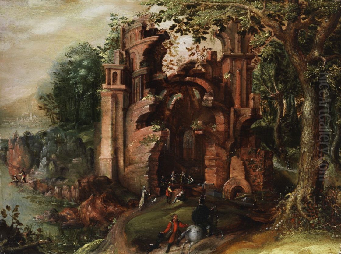 Ruin in a forest Oil Painting by Jacob Grimmer