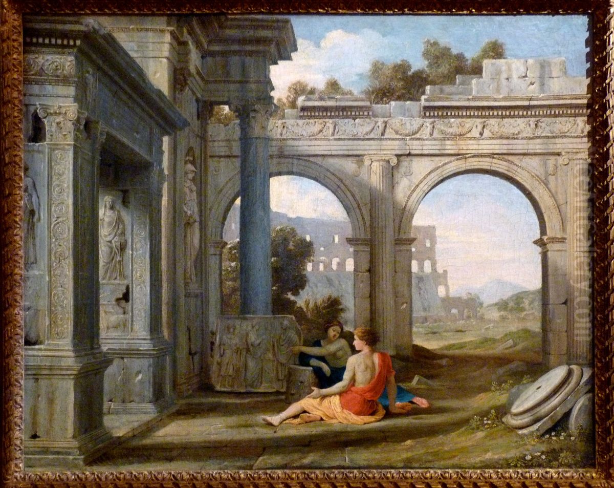 Personnages dans un paysage de ruines antiques Oil Painting by Jean Lemaire