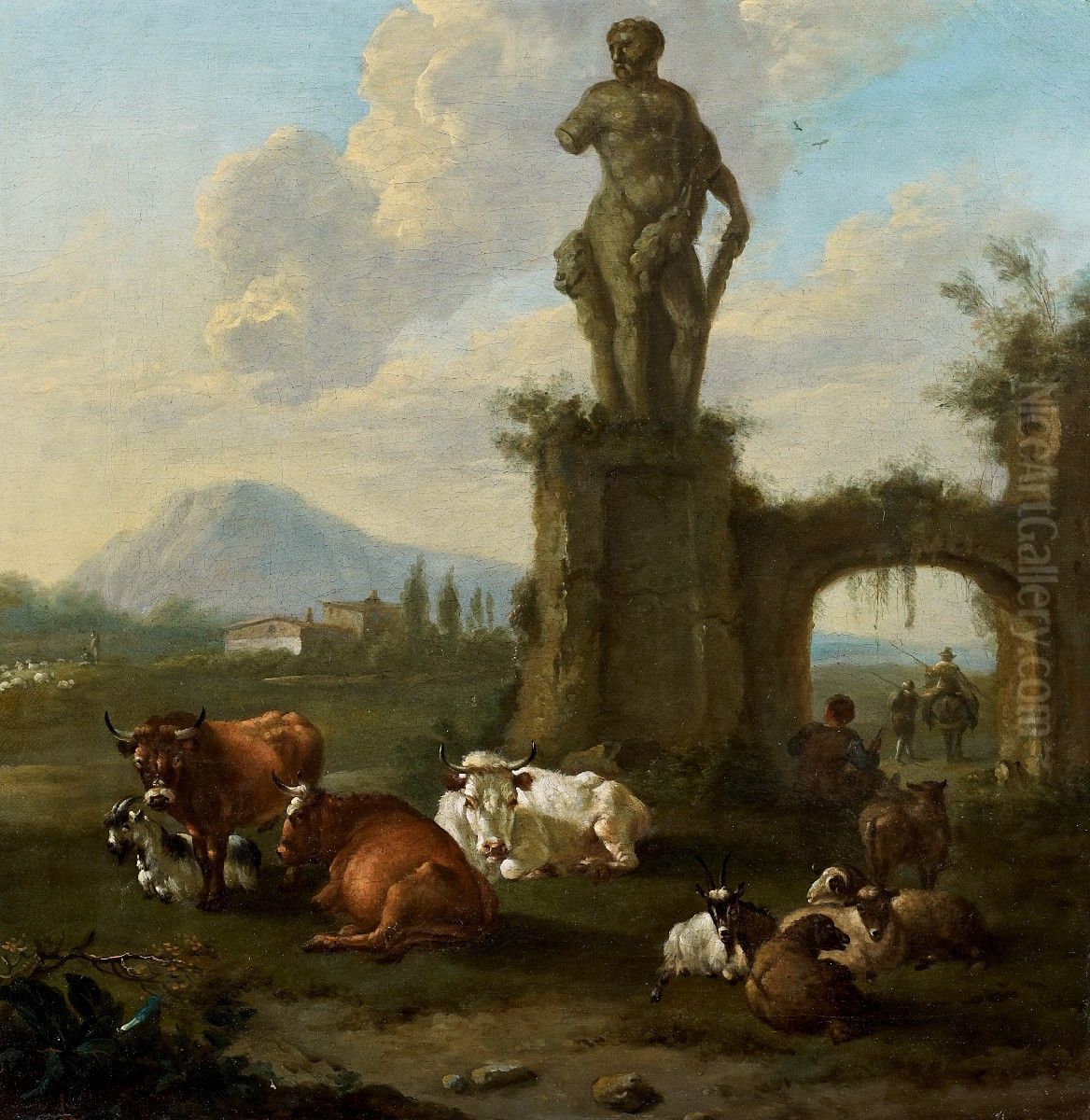 Herders with Cattle among Ruins Oil Painting by Jan Frans Soolmaker