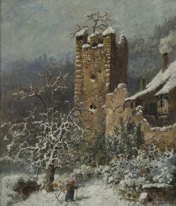 Ansicht von der Burgruine Krobsburg im Winter. Oil Painting by Karl Weysser