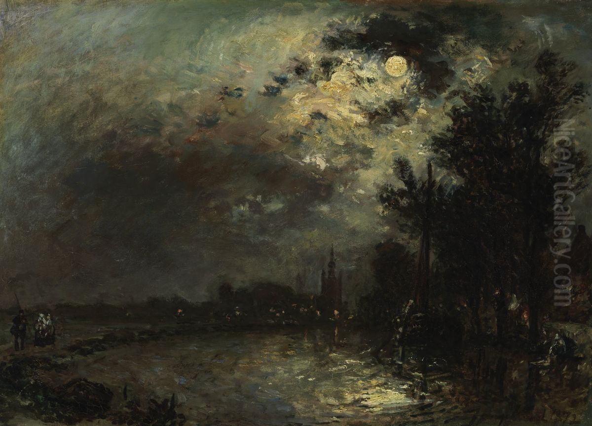 View on Overschie in moonlight Oil Painting by Johan Jongkind
