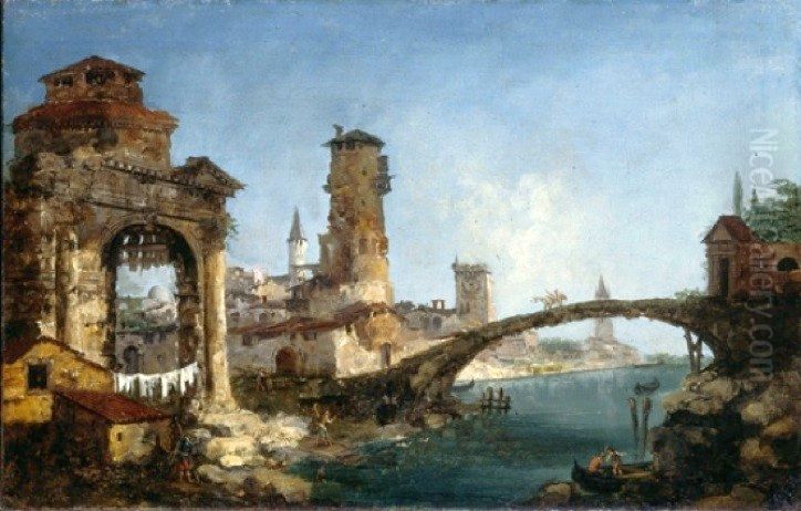Fantastic landscape with ruins (Coastal landscape with a bridge). Oil Painting by Michele Marieschi