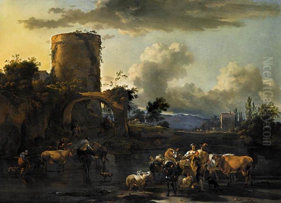 Italiaans landschap met herders en hun kudde bij een rivier Oil Painting by Nicolaes Pieterszoon Berchem