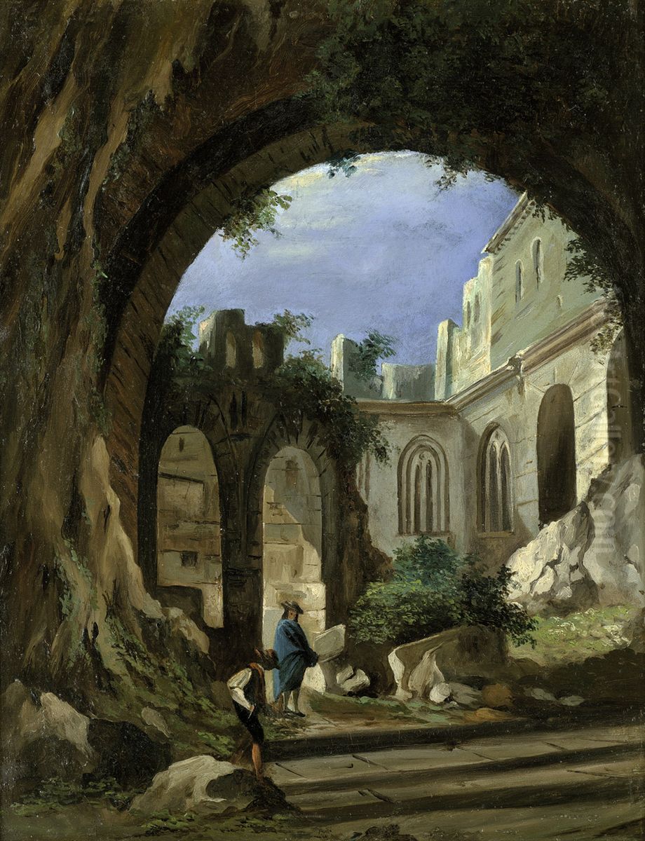 Monastery ruins in the moonlight with two figures Oil Painting by Peter Birmann