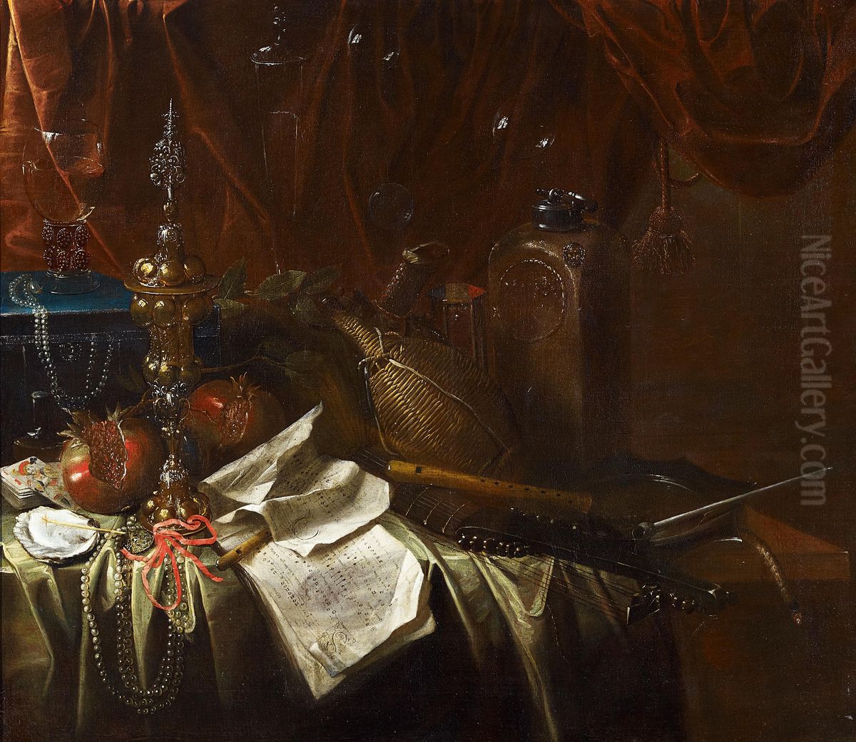 Prunkstillleben mit Musikinstrumenten, Noten, Granatapfeln, Wein, Romer und einem Buckelpokal. Oil Painting by Unidentified painter