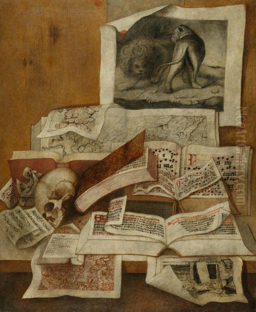 Stilleben mit Buchern, Stichen und Landkarten. Oil Painting by unknown