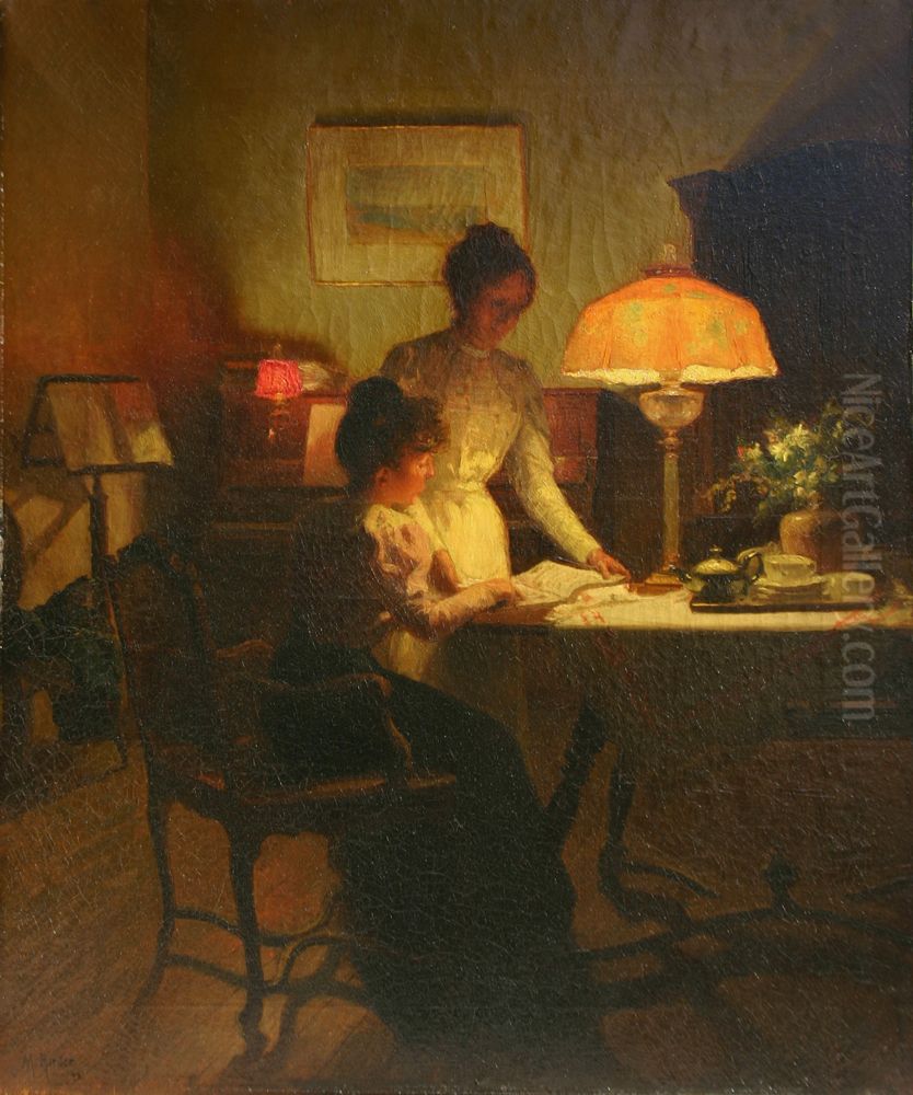 Study of Piano Score between Two Young Woman in the Glow of an Oil Lamp Oil Painting by Marcel Rieder