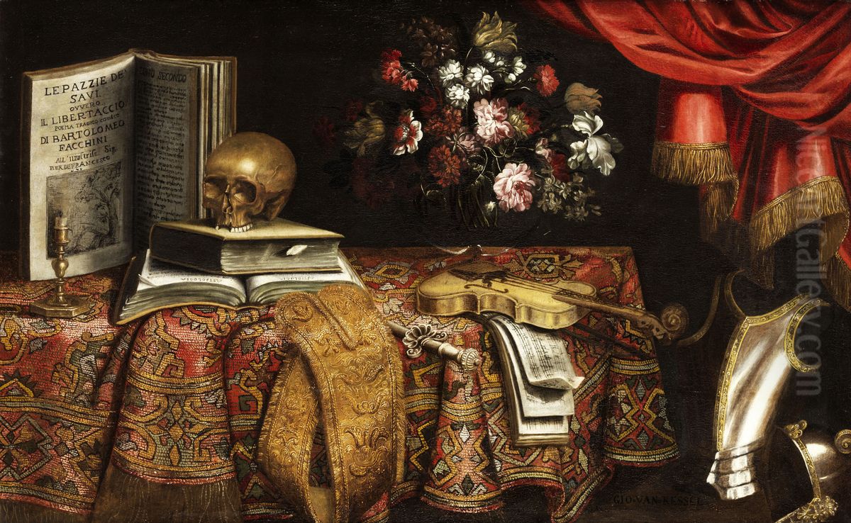 Vanitas-Stillleben mit Violine, Notenbuch, Blumenvase und Schadel Oil Painting by Pierfrancesco Cittadini