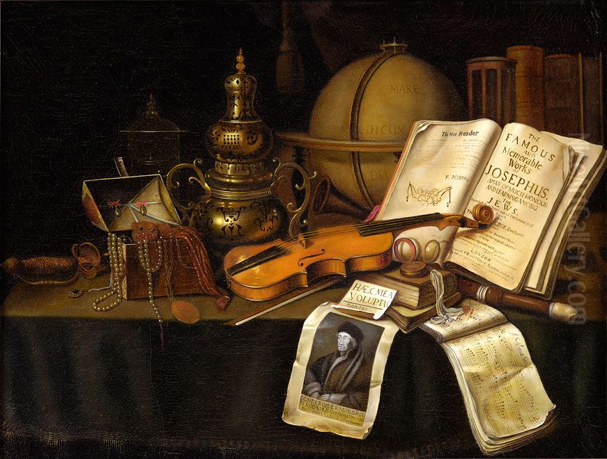 Stilleben mit Juwelen, Musikinstrumenten und Globus Oil Painting by unknown