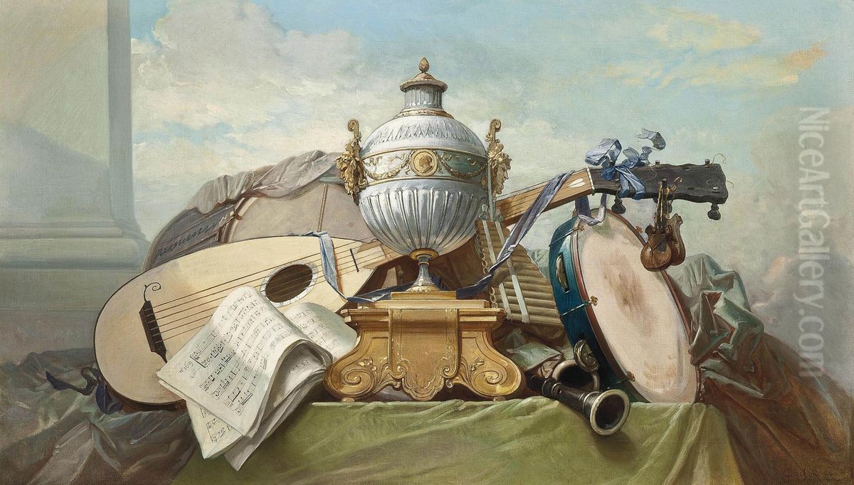 A lute, a tambourine, a panpipe, a clarinet, a drum, a score of music, and an urn on a plinth, on a draped ledge Oil Painting by unknown