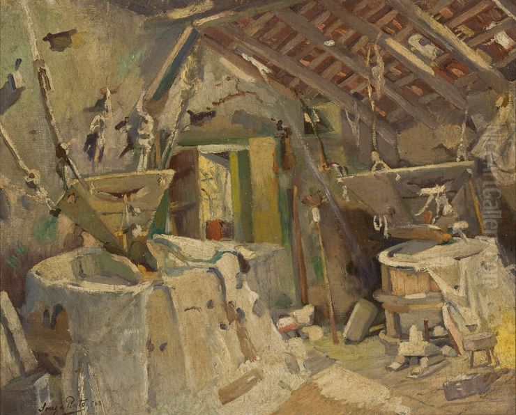 Interior of a water mill Oil Painting by Jose Julio de Sousa Pinto