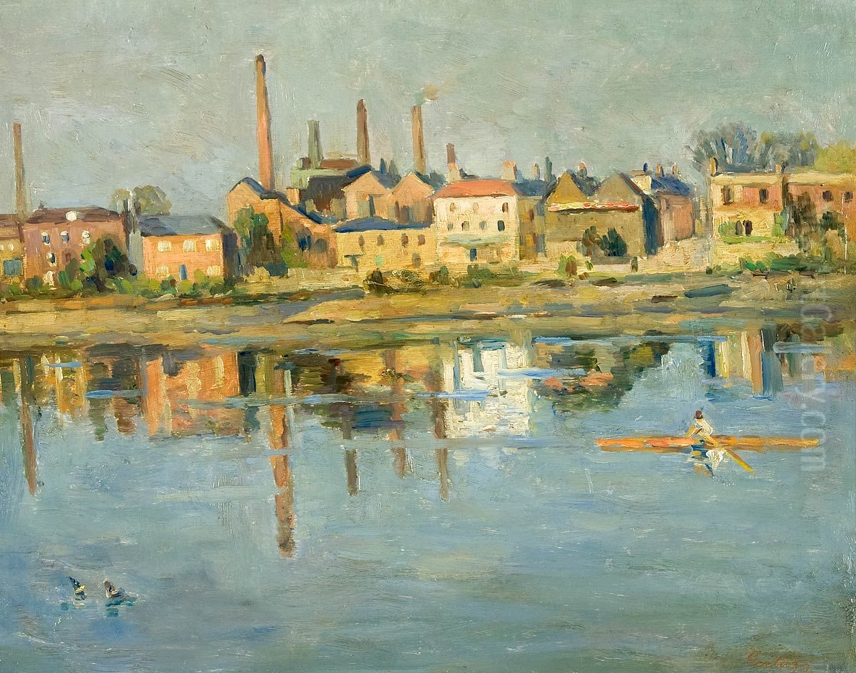 Industrial Landscape near Water Oil Painting by Emil Von Gerliczy
