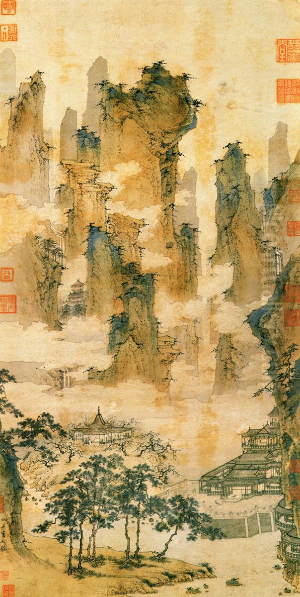Towers and Pavilions in Mountains of the Immortals Oil Painting by Qiu Ying