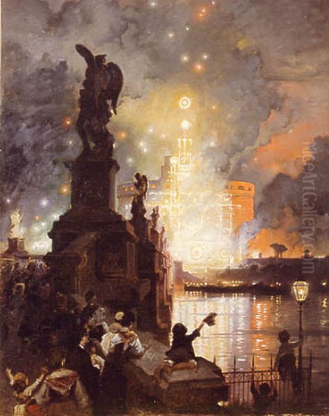 Feuerwerk auf der EngelsburgItaliano:La girandola  a castel San Angelo Oil Painting by Franz Theodor Aerni