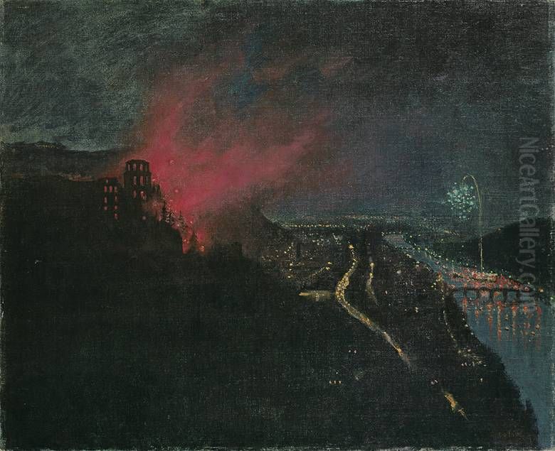 Heidelberg by Night with Fireworks Oil Painting by Emil Orlik