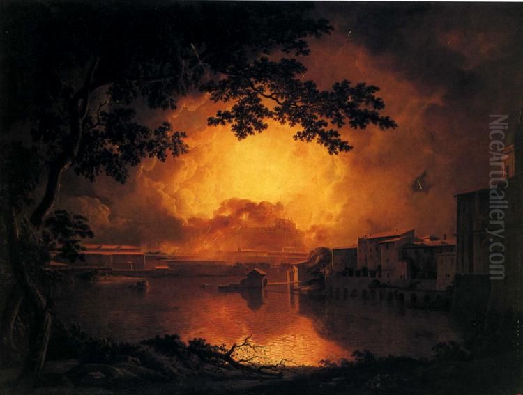 Firework Display at the Castel Sant' Angelo in Rome (La Girandola) Oil Painting by Joseph Wright of Derby
