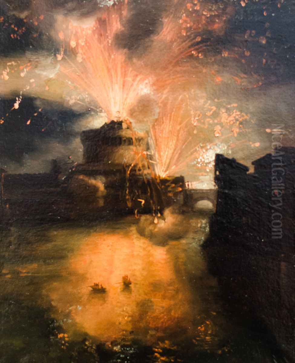 Feu d'artifice au chateau Saint-Ange a Rome Oil Painting by Leon Cogniet