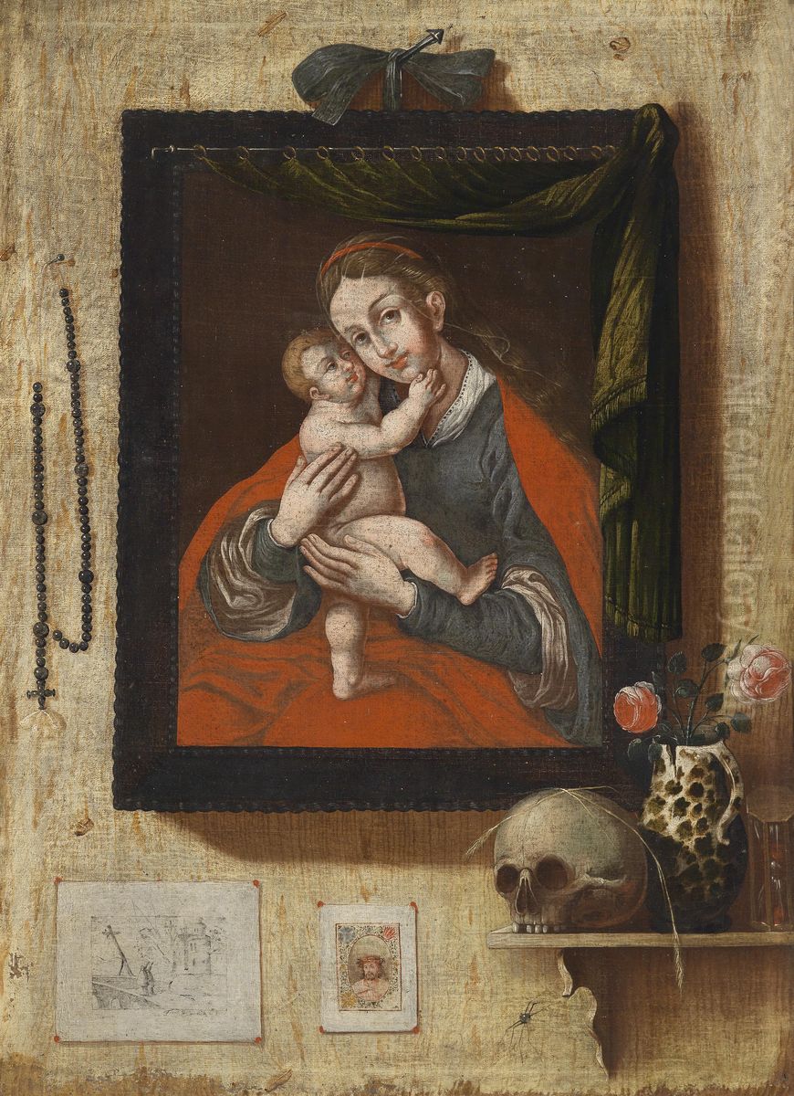 Trompe-l'oeil Painting with a Miraculous Image of Mary, a Skull and Wall Mounted Engravings Oil Painting by unknown