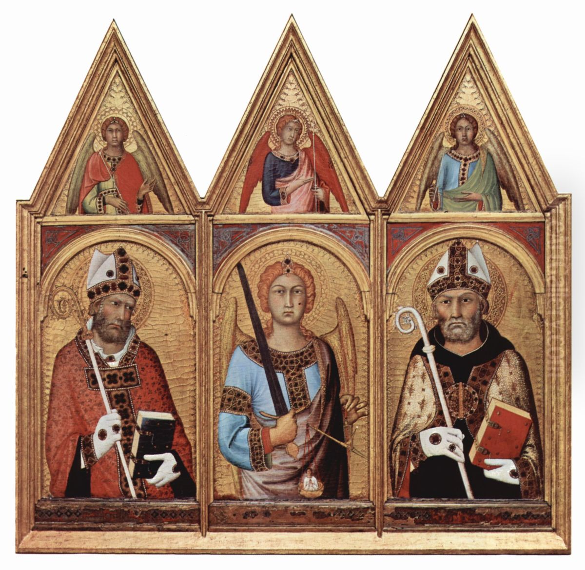 Saint Geminianus, Saint Michael and Saint Augustine, Each with an Angel above Oil Painting by Simone Martini