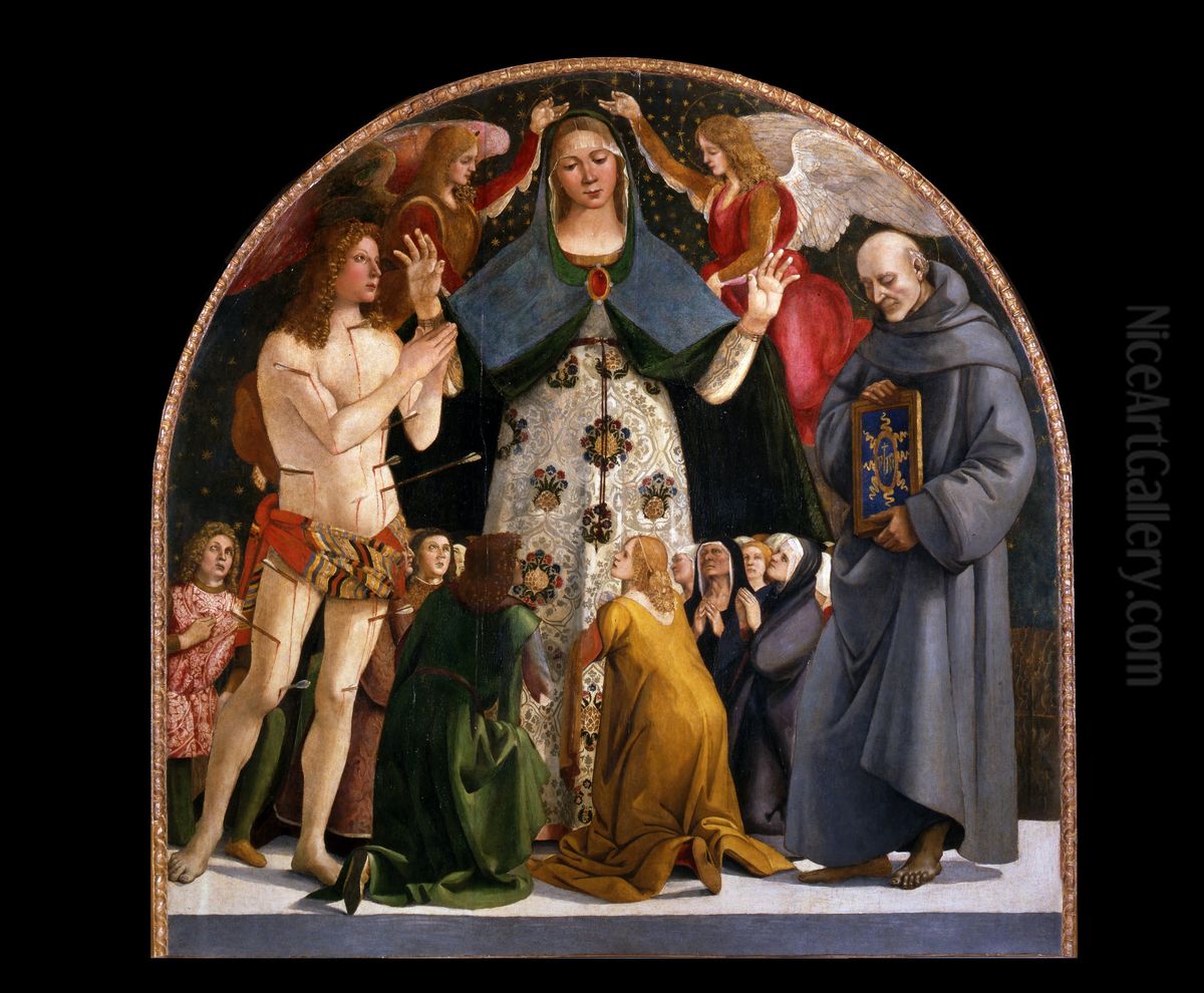 Madonna of Mercy and Saints Sebastian and Bernardino da Siena Oil Painting by Luca Signorelli