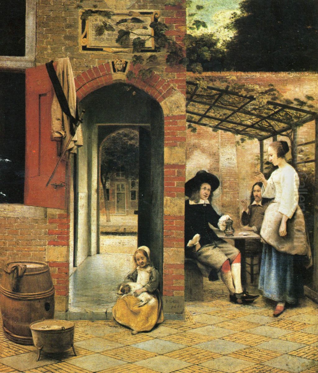Zwei zechende Manner und eine Frau unter einer Gartenlaube im Hof Oil Painting by Pieter De Hooch