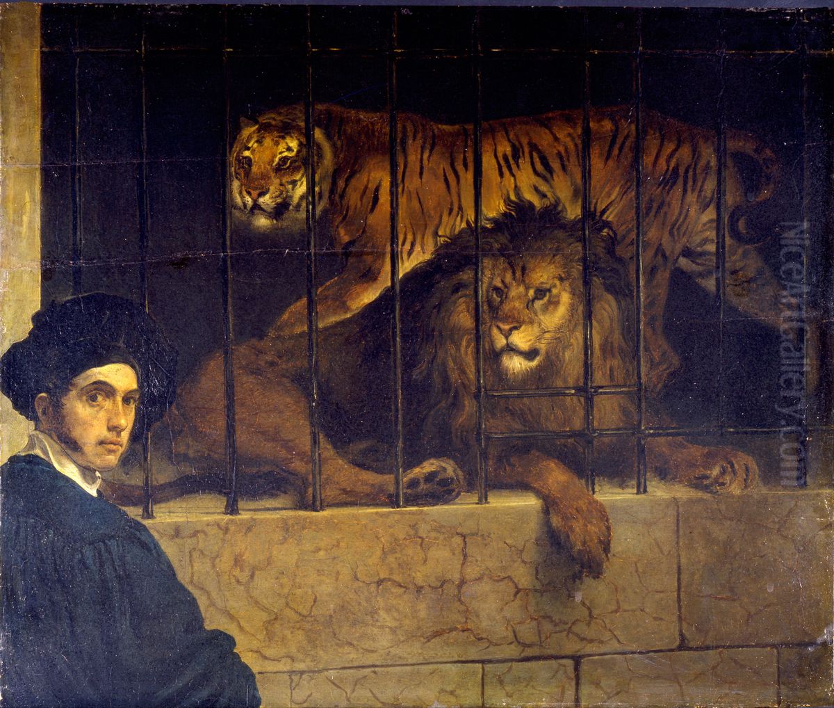 Self-portrait with Tiger and Lion Oil Painting by Francesco Hayez