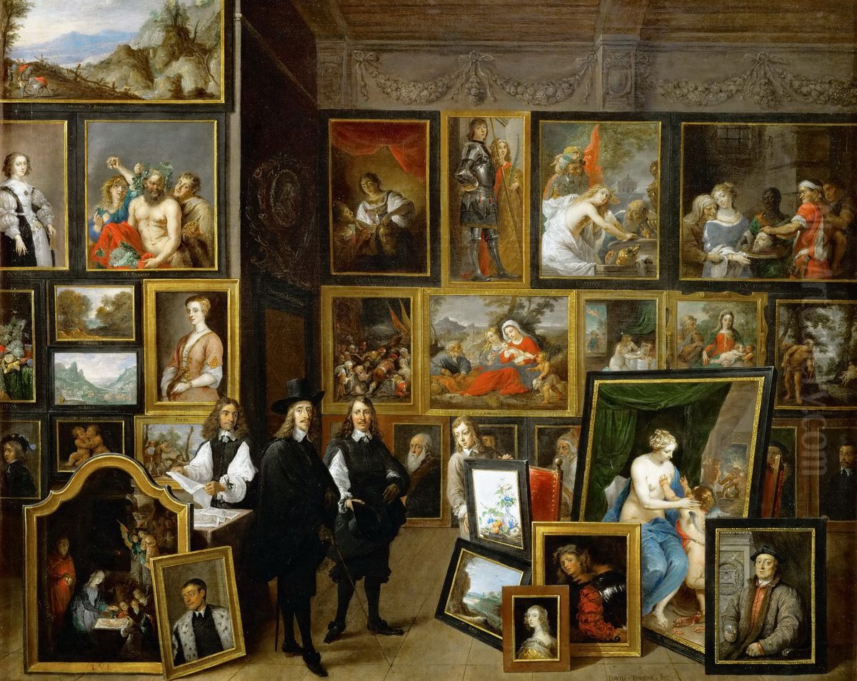 Portrait of Leopold Wilhelm, Archduke of Austria (1614-1662) in his Brussels gallery of paintings with the artist Oil Painting by David Teniers the Younger