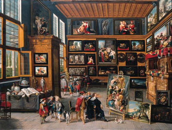 A spacious entrance hall: the walls hung with pictures, collectors' items on tables, and an artist showing a painting to a connoisseur Oil Painting by Cornelis de Baellieur