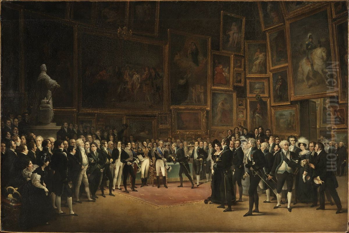 Charles X distribuant des recompenses aux artistes exposants du salon de 1824 au Louvre, le 15 Janvier 1825. Oil Painting by Francois Joseph Heim