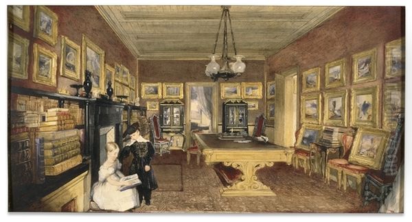 John Scarlett Davis, The Library at Tottenham, the seat of B. G. Windus, Esq. Oil Painting by John Scarlett Davis