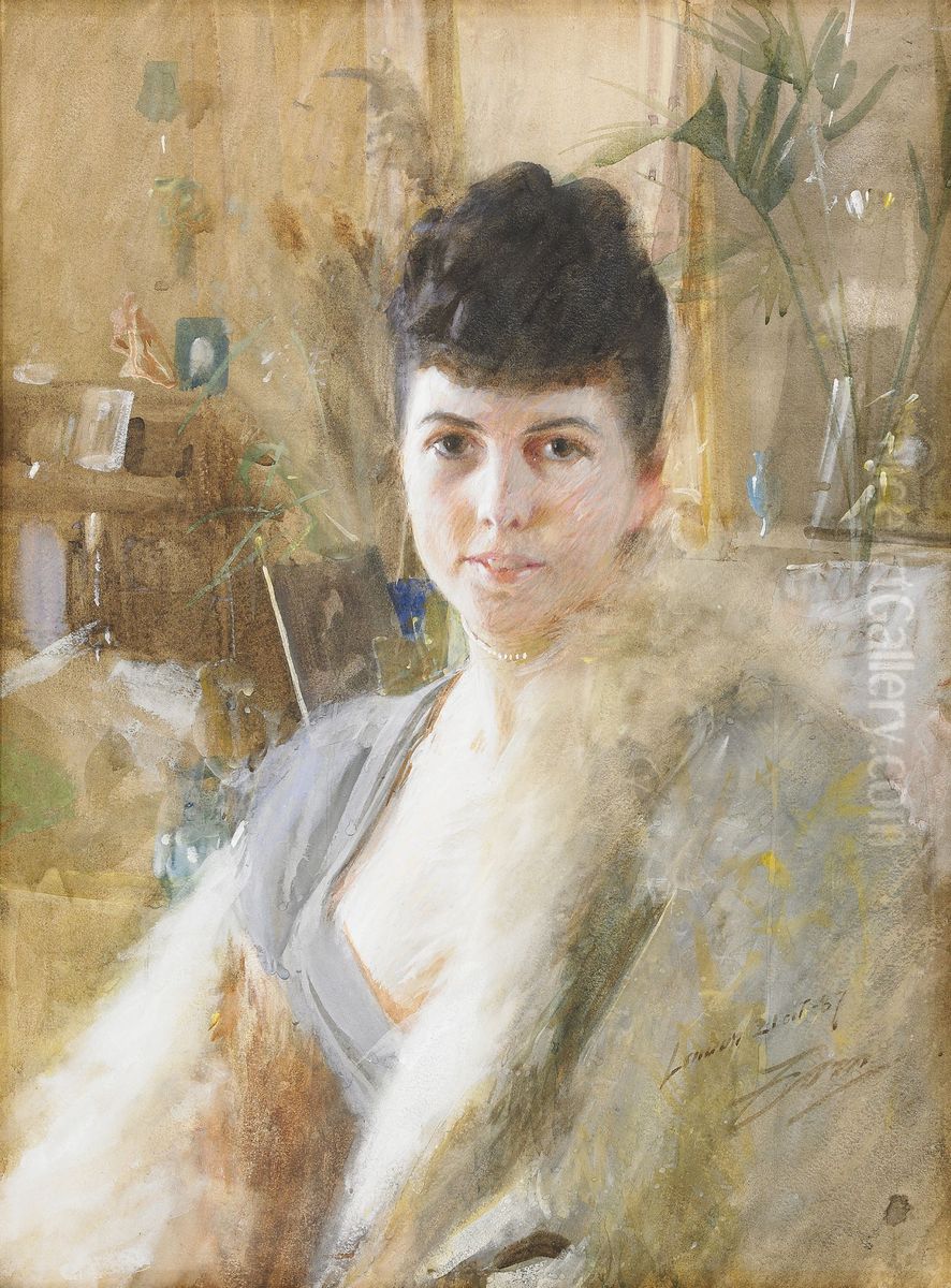 Lady with fur cape Oil Painting by Anders Zorn