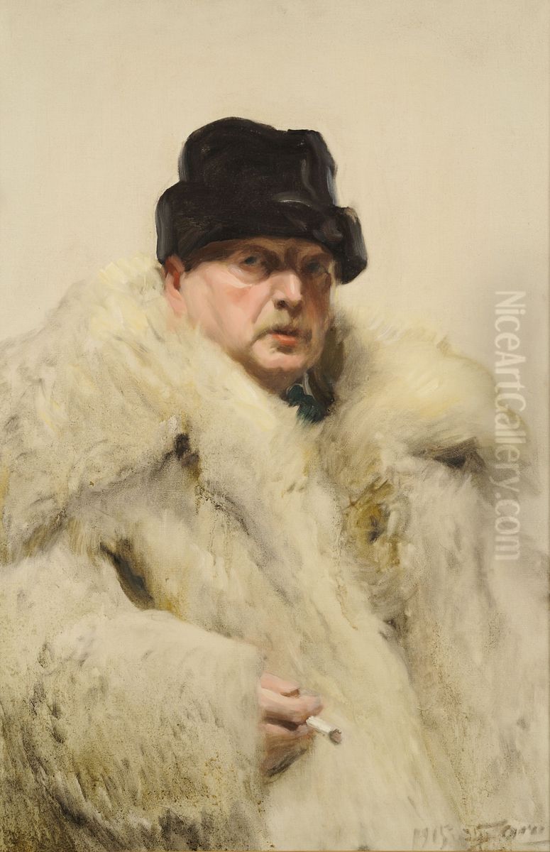 Self-portrait in a wolfskin Oil Painting by Anders Zorn