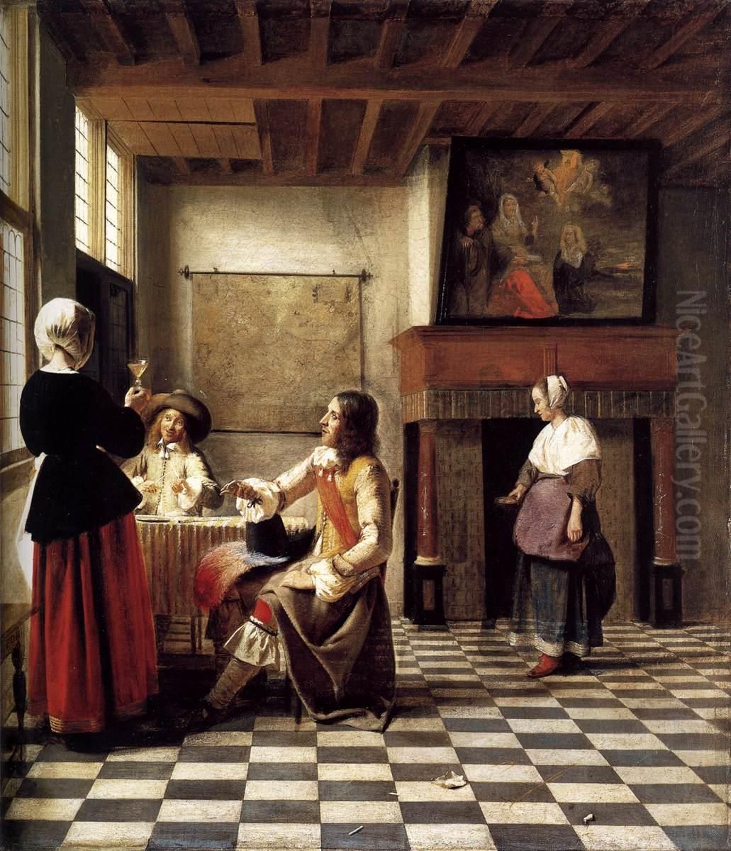 A Woman Drinking with Two Men Oil Painting by Pieter De Hooch