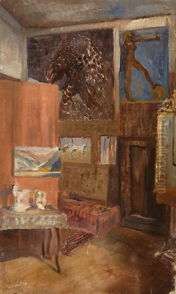 Studio with the Works of the Master, Mobile Screen, Chaise longue and a large Mirror Oil Painting by Eduard Veith