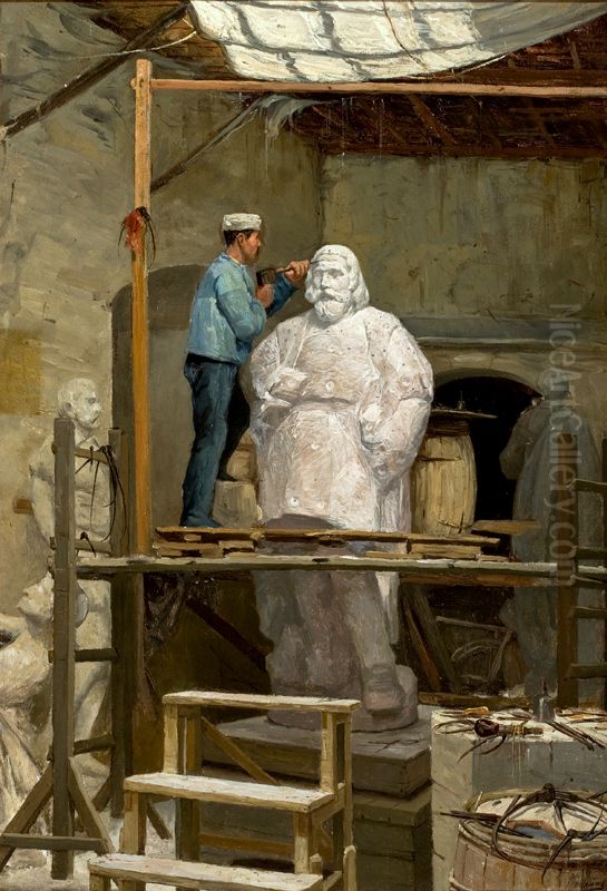 The Atelier of the Sculptor Simoes de Almeida Oil Painting by Jose Malhoa