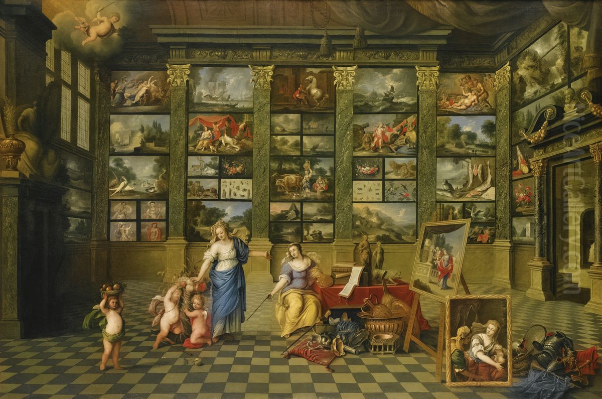 The allegorical female figures Nature and Pictura in an art-collection, with representative Antwerp canvasses Oil Painting by Gaspar de Witte