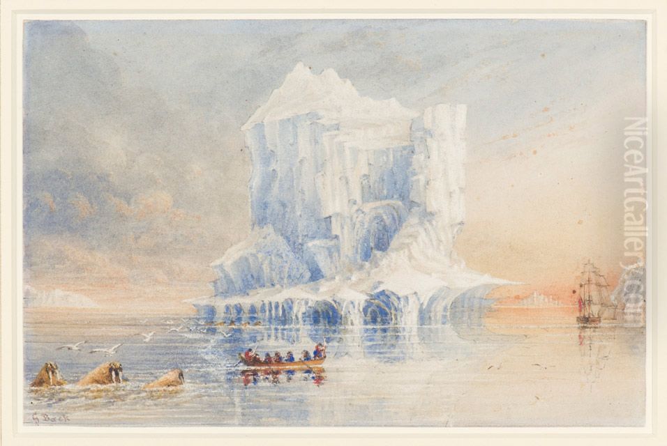 Admiral Sir George Back shows HMS Terror anchored near a cathedral-like iceberg in the waters around Baffin Island Oil Painting by George Back